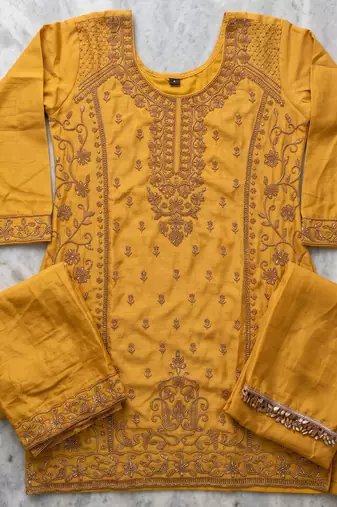 Yellow chinon beads work kurti palazzo dupatta set