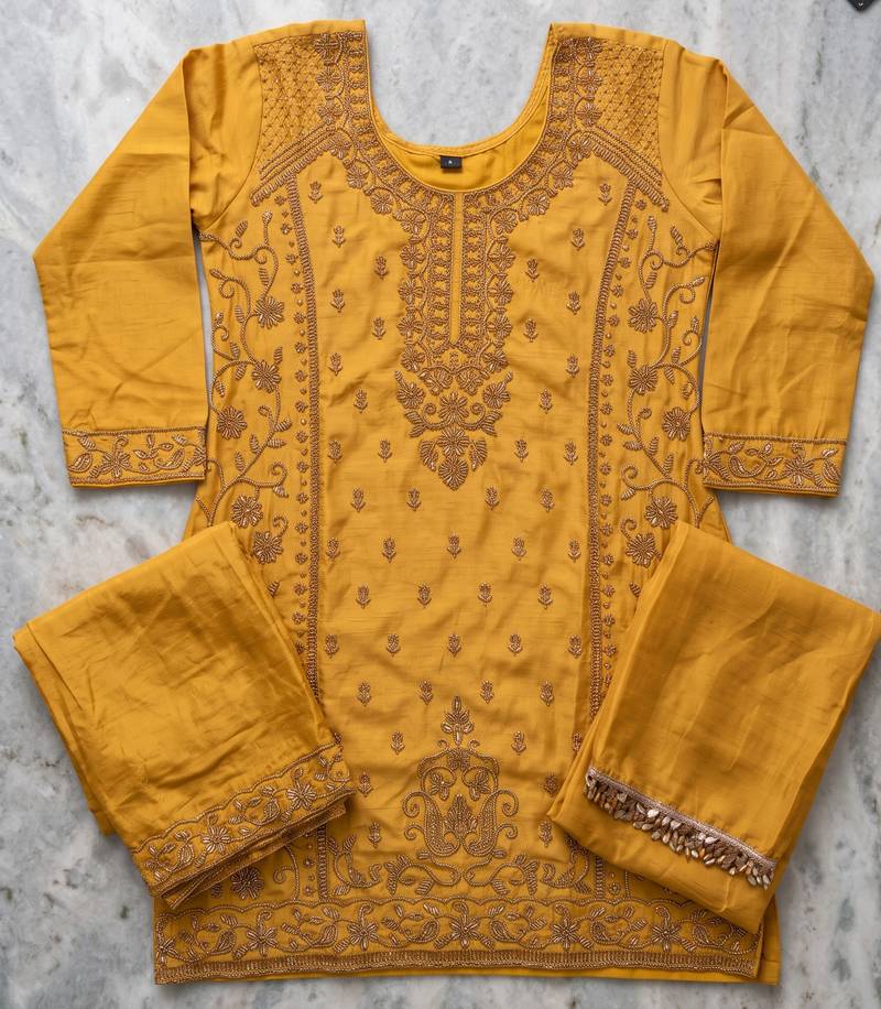 Yellow chinon beads work kurti palazzo dupatta set