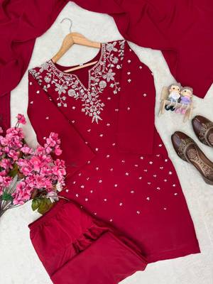 Red crepe embroidered kurti palazzo dupatta set 2