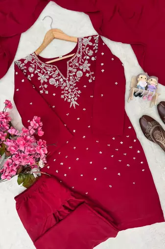 Red crepe embroidered kurti palazzo dupatta set
