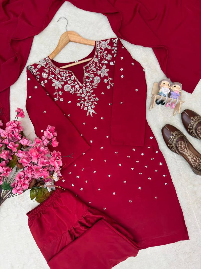 Red crepe embroidered kurti palazzo dupatta set