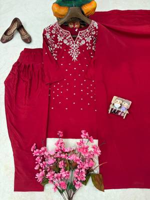 Red crepe embroidered kurti palazzo dupatta set 3