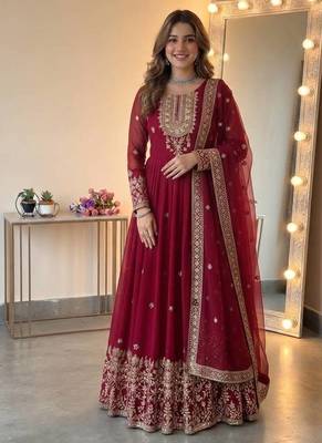 Wine georgette embroidered gown set with dupatta 1