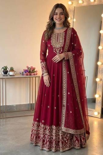 Wine georgette embroidered gown set with dupatta