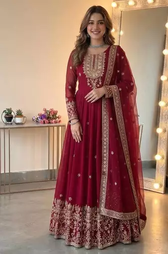Wine georgette embroidered gown set with dupatta