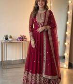 Wine georgette embroidered gown set with dupatta