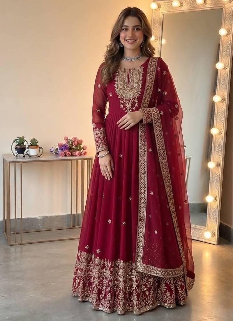 Wine georgette embroidered gown set with dupatta