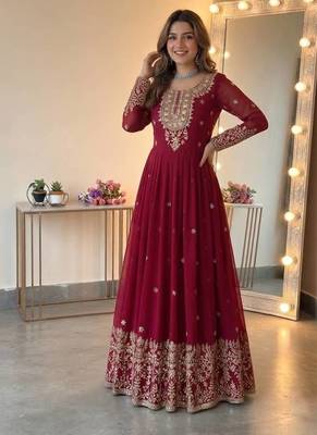 Wine georgette embroidered gown set with dupatta 2