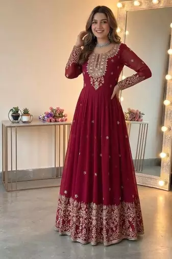 Wine georgette embroidered gown set with dupatta