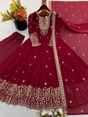 Wine georgette embroidered gown set with dupatta 3
