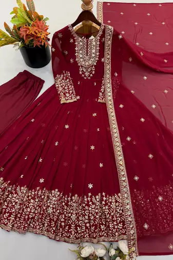 Wine georgette embroidered gown set with dupatta