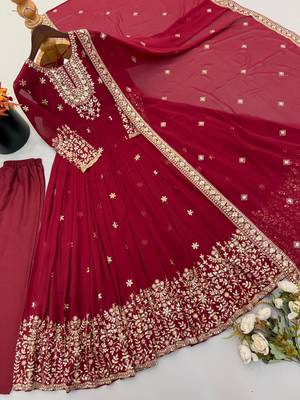 Wine georgette embroidered gown set with dupatta 4