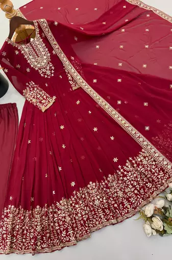 Wine georgette embroidered gown set with dupatta