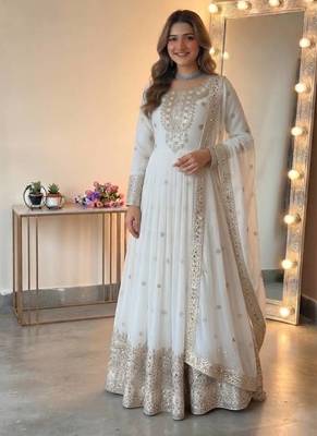 White georgette embroidered gown set with dupatta 1