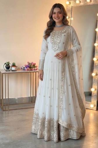 White georgette embroidered gown set with dupatta