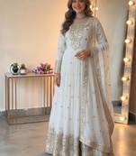 White georgette embroidered gown set with dupatta