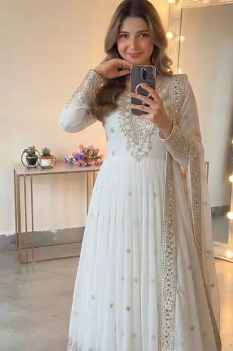 White georgette embroidered gown set with dupatta