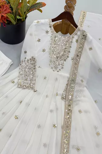 White georgette embroidered gown set with dupatta