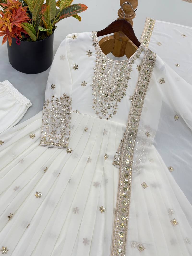White georgette embroidered gown set with dupatta