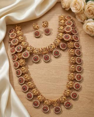 Gold plated south indian temple jewelry set - matte finish traditional long haram necklace combo 2