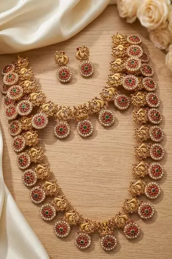 Gold plated south indian temple jewelry set - matte finish traditional long haram necklace combo