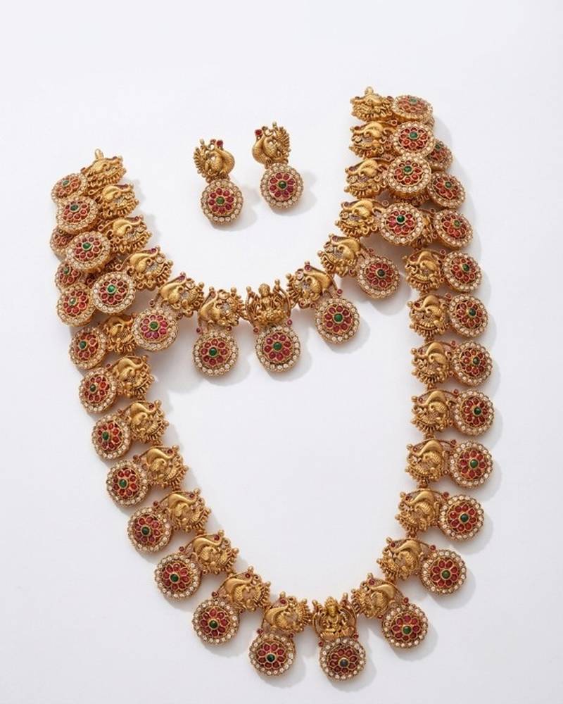 Gold plated south indian temple jewelry set - matte finish traditional long haram necklace combo