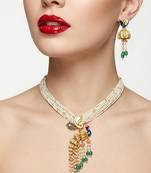 Traditional antique gold plated peacock kundan necklace set with pearl strands & green beads for wedding