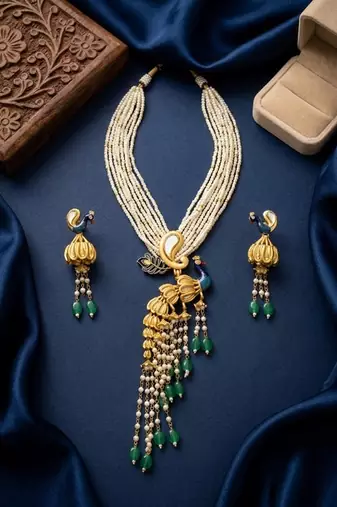 Traditional antique gold plated peacock kundan necklace set with pearl strands & green beads for wedding