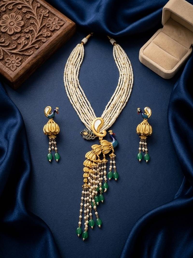 Traditional antique gold plated peacock kundan necklace set with pearl strands & green beads for wedding