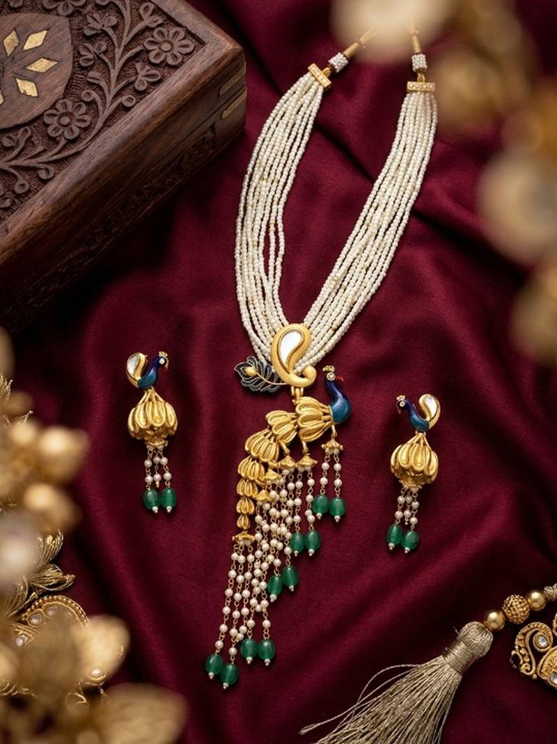 Traditional antique gold plated peacock kundan necklace set with pearl strands & green beads for wedding