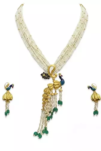 Traditional antique gold plated peacock kundan necklace set with pearl strands & green beads for wedding