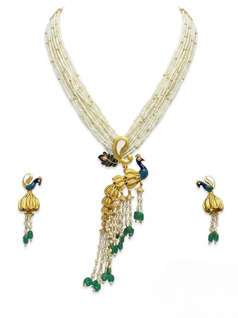 Traditional antique gold plated peacock kundan necklace set with pearl strands & green beads for wedding