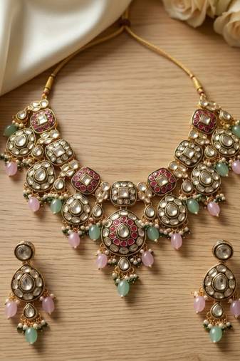 Gold plated kundan choker necklace set with ruby red stones & pearl jhumka earrings for indian wedding bridal wear
