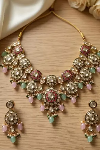 Gold plated kundan choker necklace set with ruby red stones & pearl jhumka earrings for indian wedding bridal wear