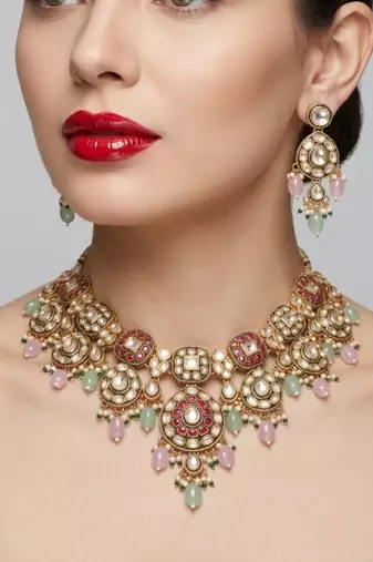 Gold plated kundan choker necklace set with ruby red stones & pearl jhumka earrings for indian wedding bridal wear