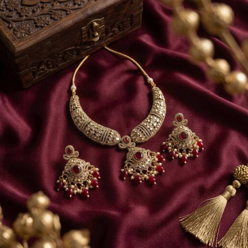 Gold plated kundan choker necklace set with ruby red stones & pearl jhumka earrings for indian wedding bridal wear