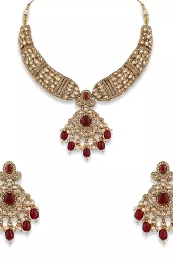 Gold plated kundan choker necklace set with ruby red stones & pearl jhumka earrings for indian wedding bridal wear