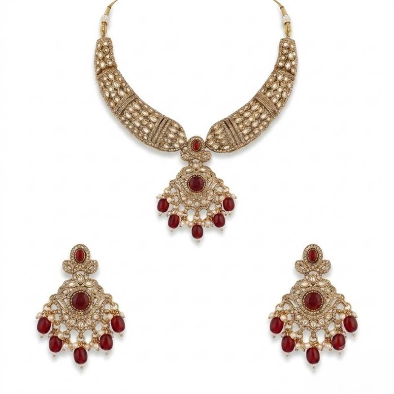 Gold plated kundan choker necklace set with ruby red stones & pearl jhumka earrings for indian wedding bridal wear