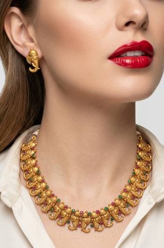 Antique gold plated ganesha temple jewelry set | traditional indian necklace & earrings for wedding & festivals