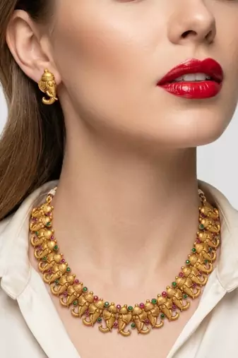 Antique gold plated ganesha temple jewelry set | traditional indian necklace & earrings for wedding & festivals