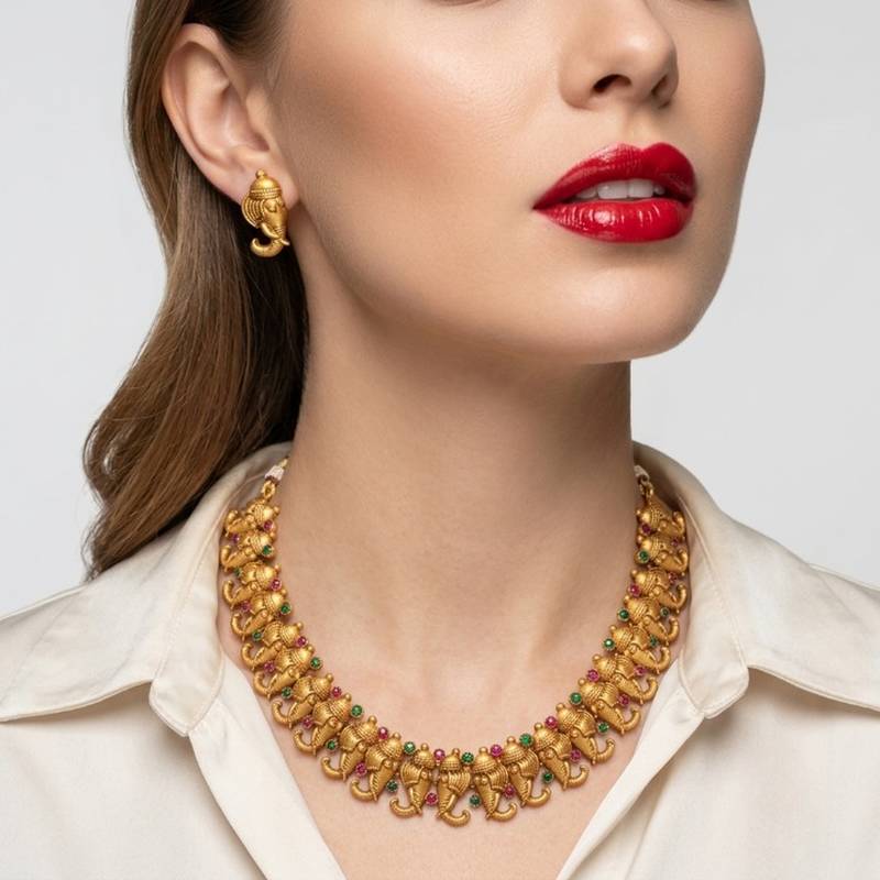 Antique gold plated ganesha temple jewelry set | traditional indian necklace & earrings for wedding & festivals