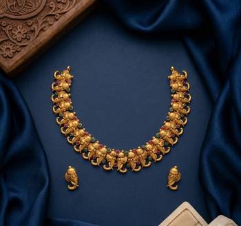 Antique gold plated ganesha temple jewelry set | traditional indian necklace & earrings for wedding & festivals 2