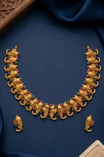 Antique gold plated ganesha temple jewelry set | traditional indian necklace & earrings for wedding & festivals