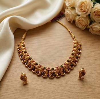 Antique gold plated ganesha temple jewelry set | traditional indian necklace & earrings for wedding & festivals 3