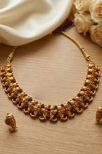 Antique gold plated ganesha temple jewelry set | traditional indian necklace & earrings for wedding & festivals