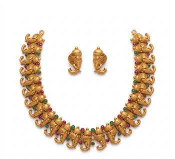 Antique gold plated ganesha temple jewelry set | traditional indian necklace & earrings for wedding & festivals 4