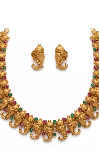 Antique gold plated ganesha temple jewelry set | traditional indian necklace & earrings for wedding & festivals
