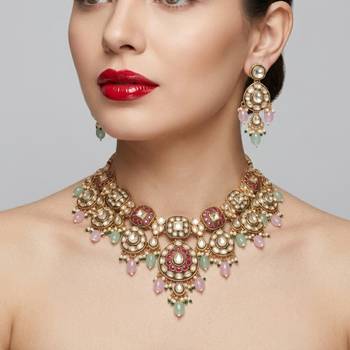 Gold plated kundan necklace set with pastel pink and mint green beads | indian bridal wedding jewelry set with earrings 1