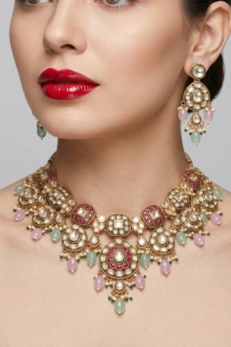 Gold plated kundan necklace set with pastel pink and mint green beads | indian bridal wedding jewelry set with earrings