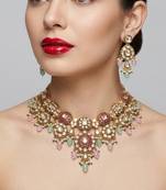 Gold plated kundan necklace set with pastel pink and mint green beads | indian bridal wedding jewelry set with earrings